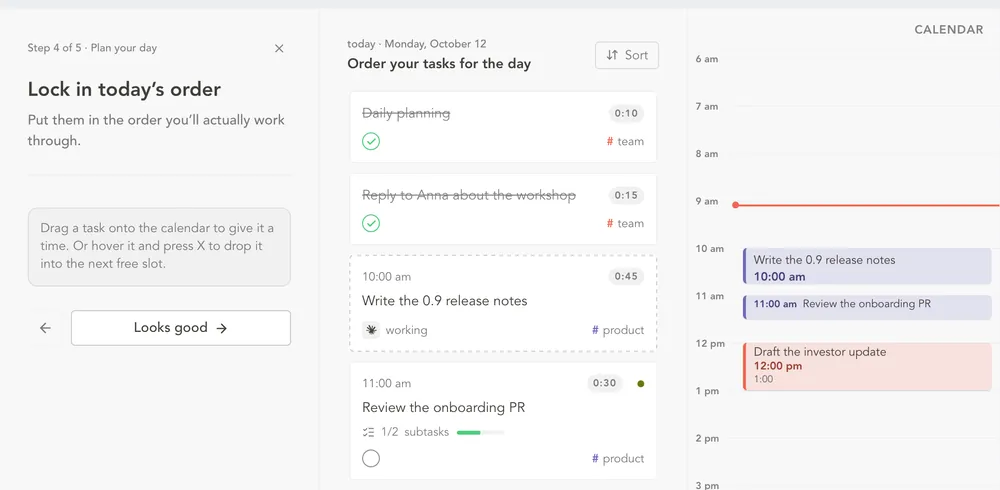Step four of daily planning: tasks in order, being dragged onto the calendar.