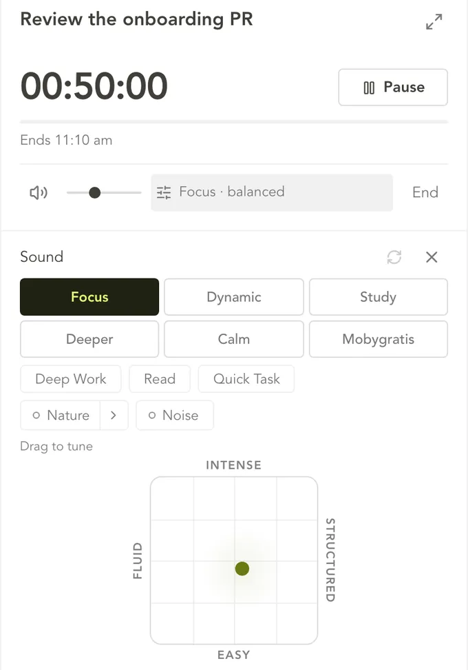The compact focus player for Review the onboarding PR: 50 minutes on the timer, pause, volume, and the sound panel open with its modes, nature and noise layers and a tuning pad.